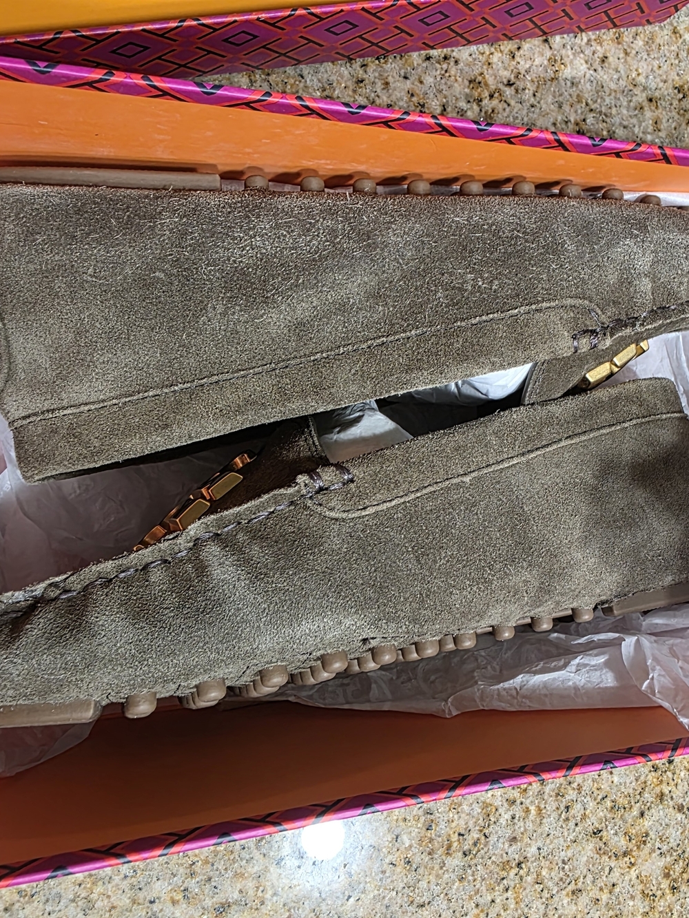 Tory Burch Taupe/Olive Suede Logo Moccasin Loafers - Picture 7 of 11